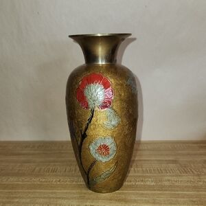 Vintage Enamel on Brass Decorative Vase with a Floral Design